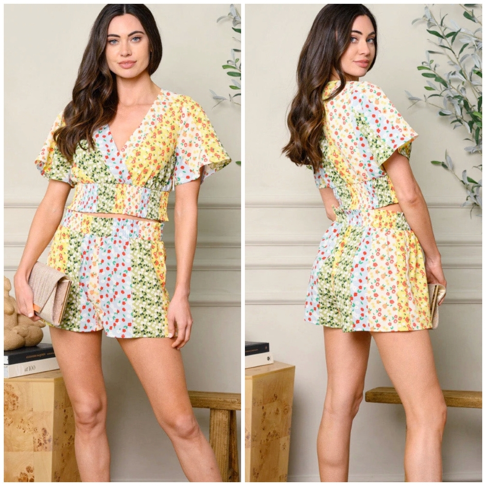 Blue Blush Multicolor Floral Patchwork Shorts Romper - Yellow, Light Blue, Green